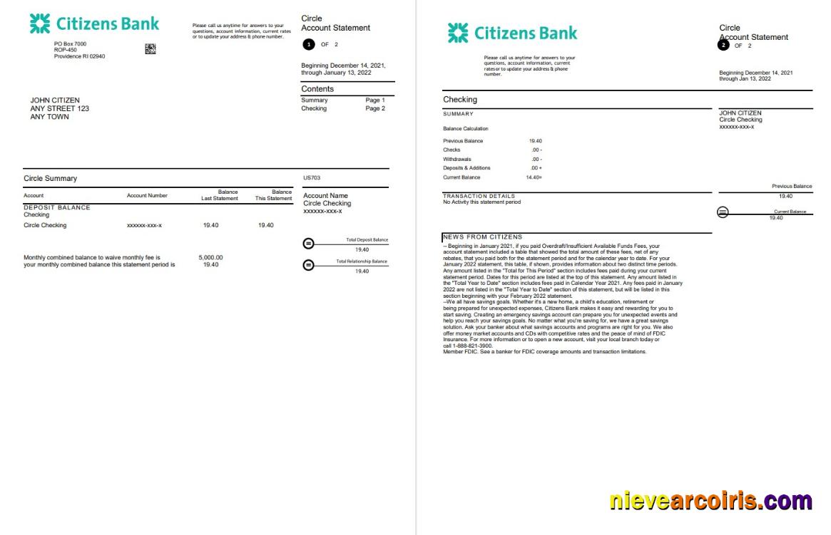 USA Citizens bank statement, Word and PDF, 4 pages